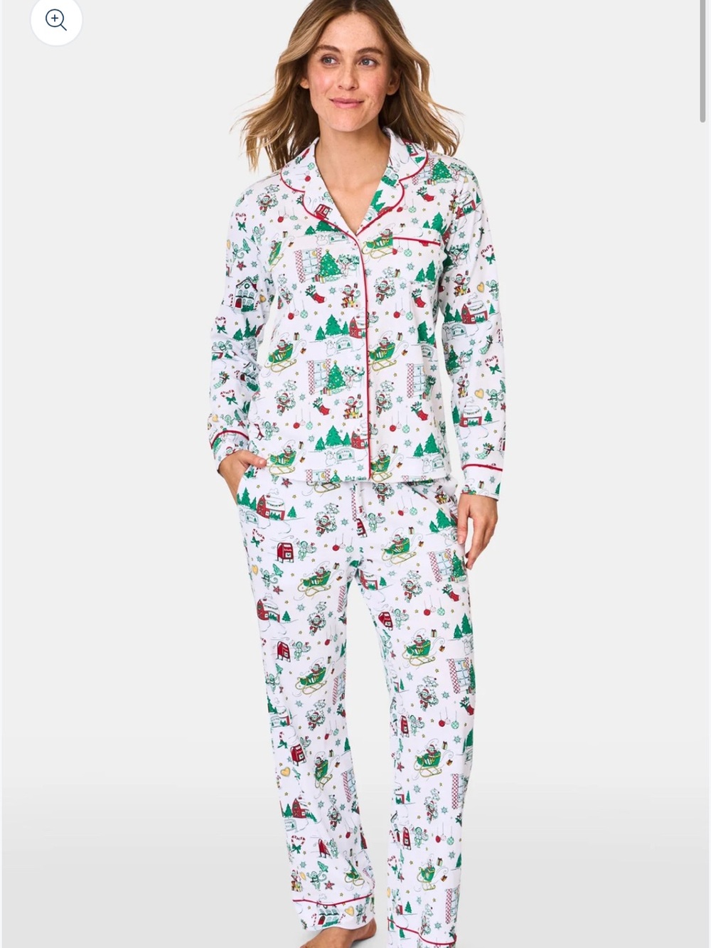 Roller Rabbit White Holiday Print Pajama Set with Green & Red Accents